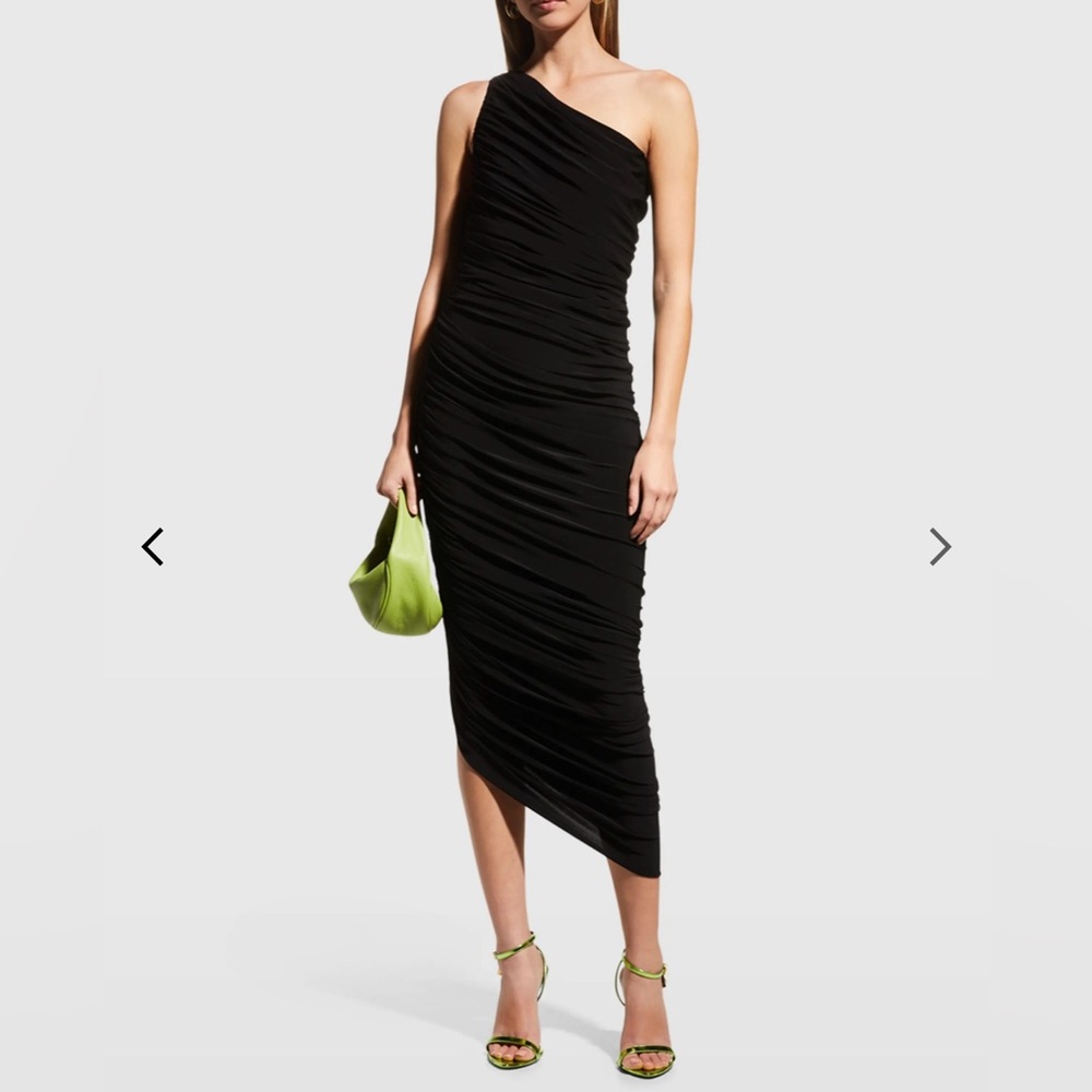 *Norma Kamali* Black Asymmetrical Ruched Midi Dress